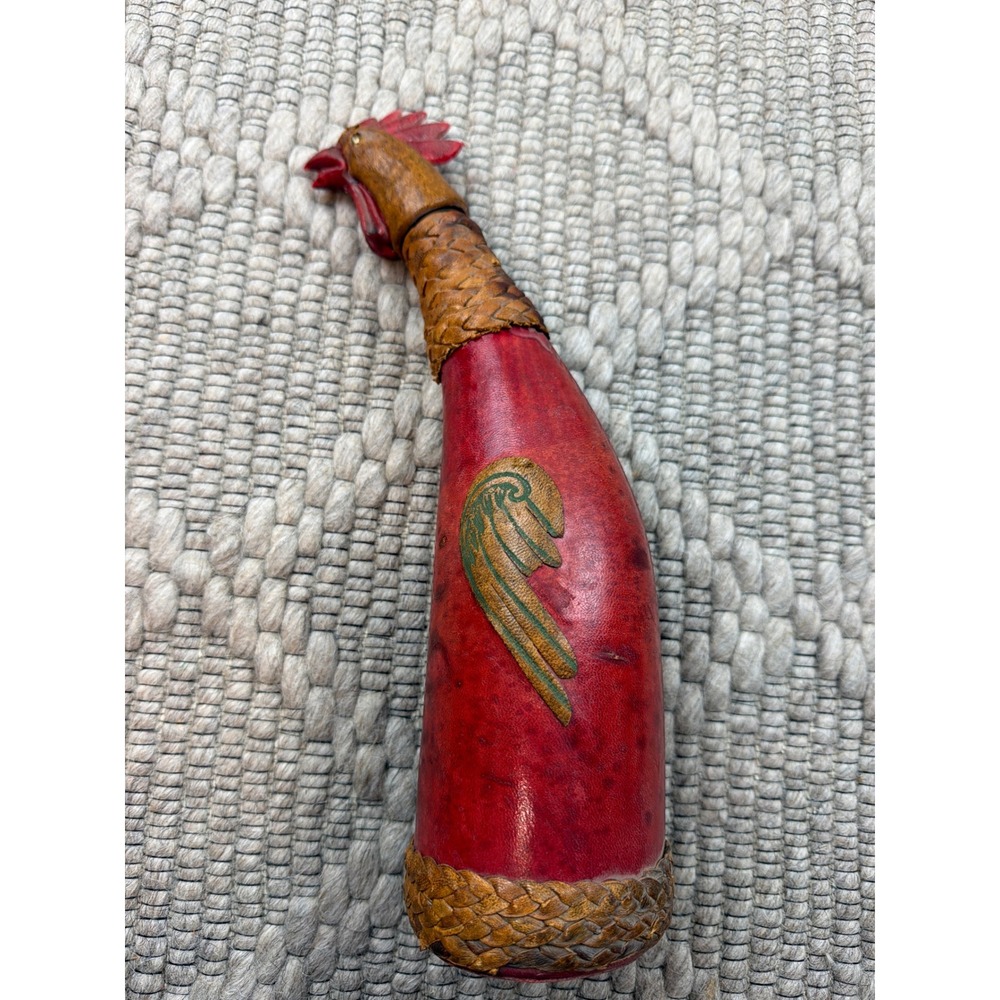 Vintage Italian Leather Rooster Decanter Red Made in Italy MCM Barware